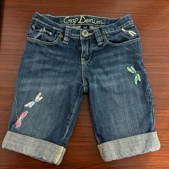 GAP Other - Gap Blue Denim Dragonfly Embroidery Stretch Bermuda Rolled Shorts Size 8 Girls
